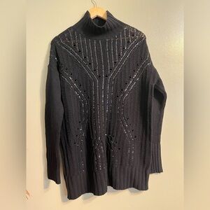 BCBG MaxaRia Womens Marino Wool Blend Sequined Black Tunic Sweater Knit Sz XS